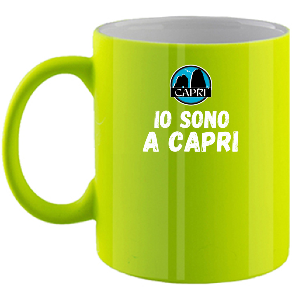 Fluorescent Mug I AM IN CAPRI WHITE WRITING