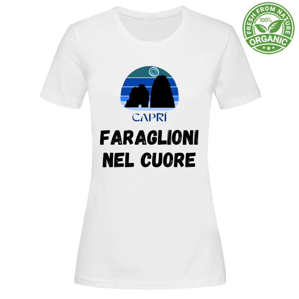 T-Shirt Woman Organic FARAGLIONI DI CAPRI NEL CUORE SCRITTA NERA