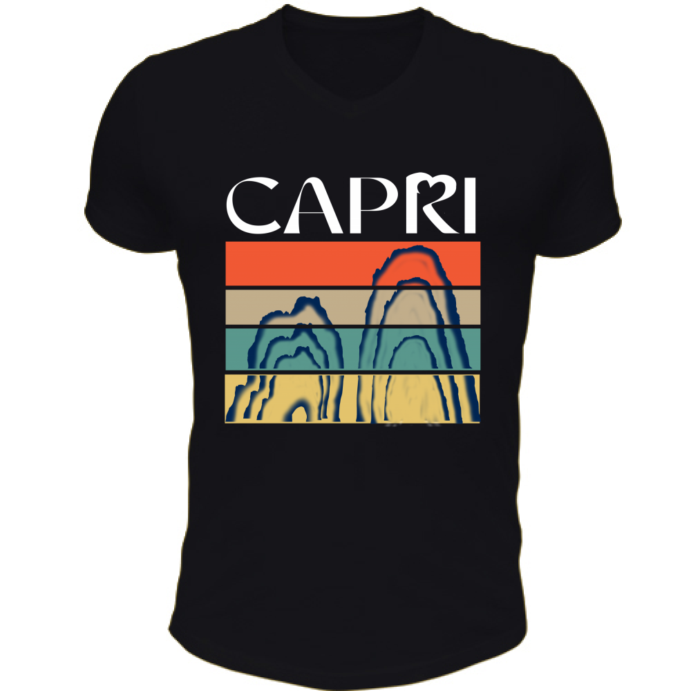 T-Shirt Unisex Scollo V CAPRI PORZIONI FARAGLIONI SCRITTA BIANCA