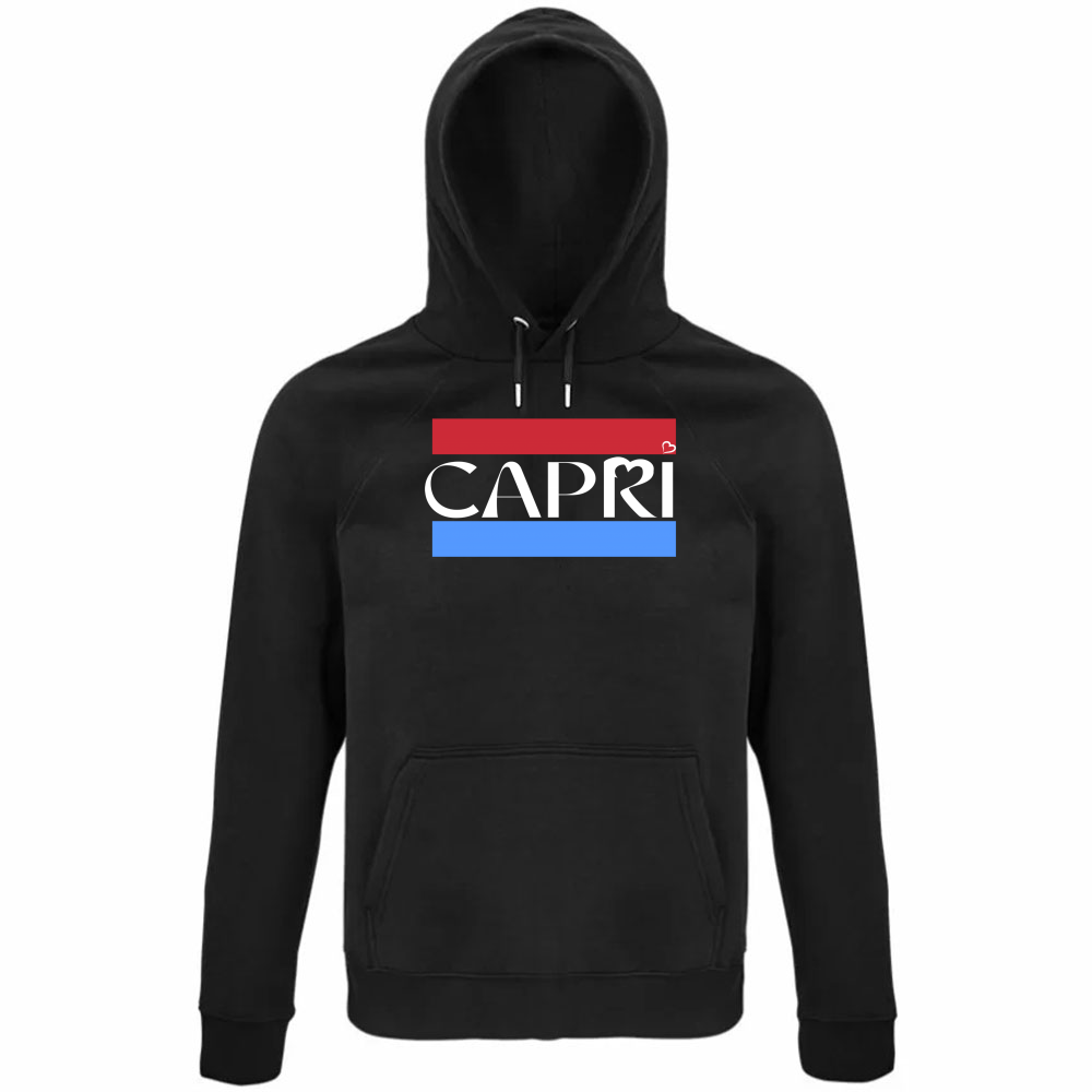 Felpa Organica Unisex Cappuccio CAPRI FASCIA ROSSO BLUE BIANCO