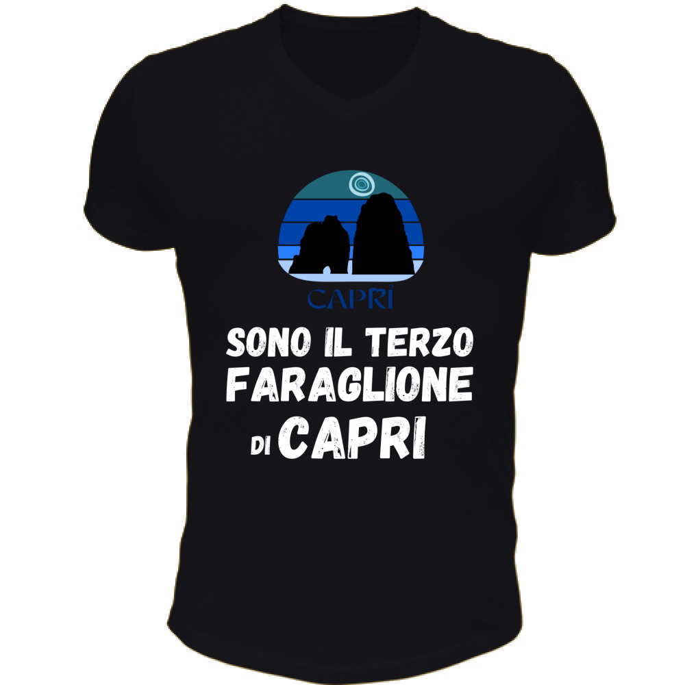 T-Shirt Unisex Scollo V SONO IL TERZO FARAGLIONE DI CAPRI SCRITTA BIANCA