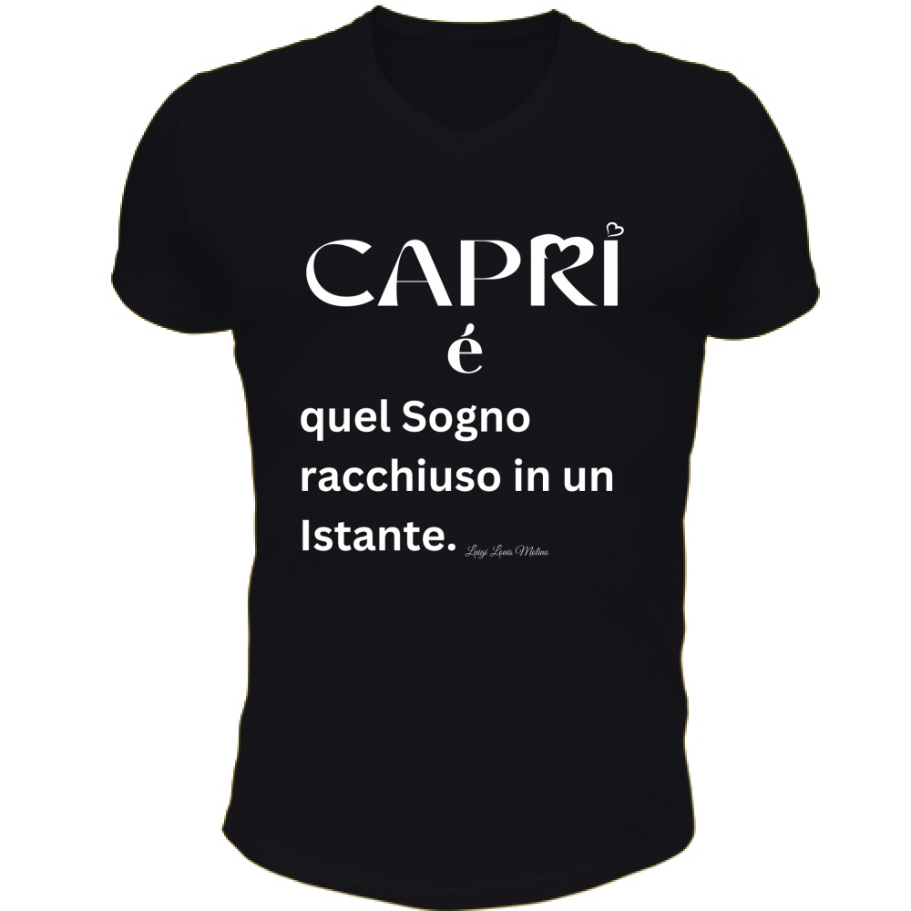 T-Shirt Unisex Scollo V Capri Sogno racchiuso in un istante scritta bianca