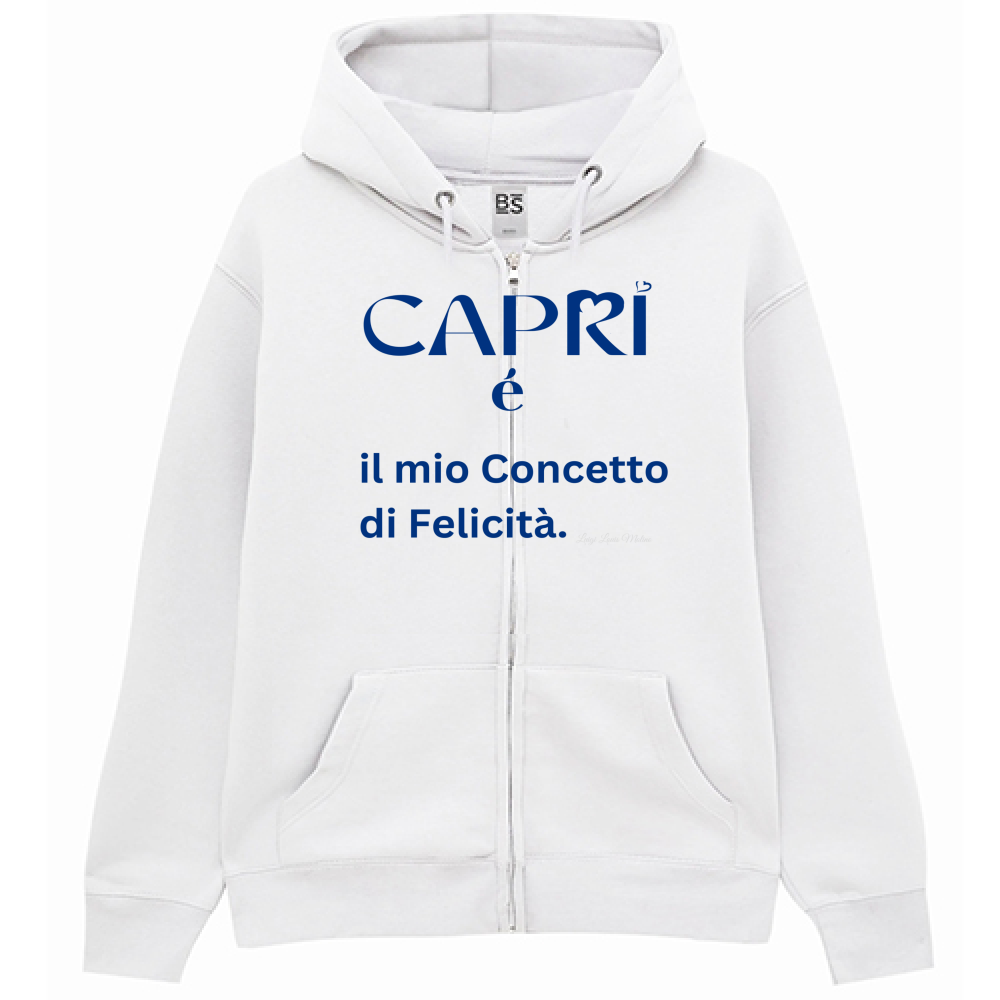 Felpa Premium Cappuccio Zip Capri é il mio concetto di Felicità scritta Blue