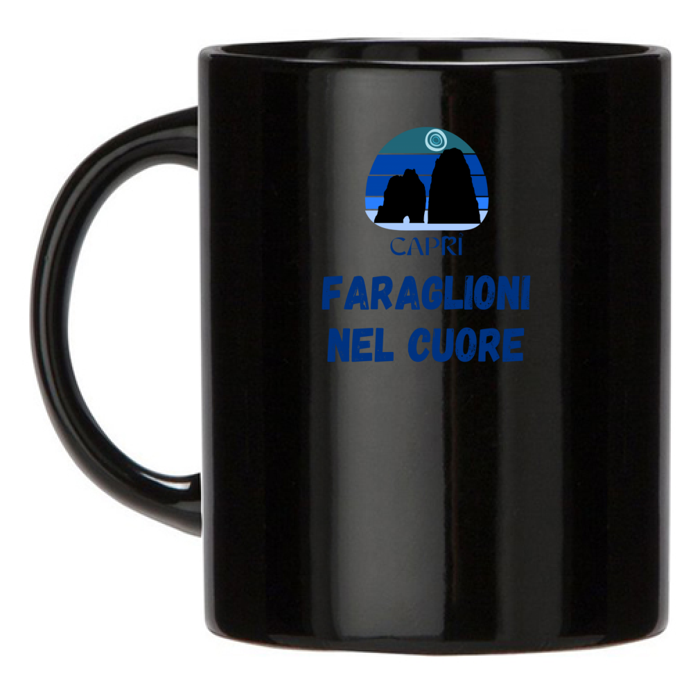 Black Mug FARAGLIONI DI CAPRI IN THE HEART WRITING BLUE