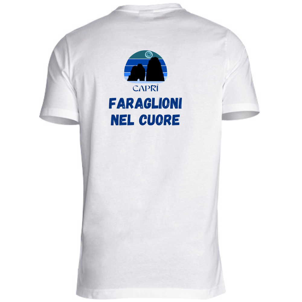 T-Shirt Unisex Scollo V FARAGLIONI DI CAPRI NEL CUORE SCRITTA BLUE