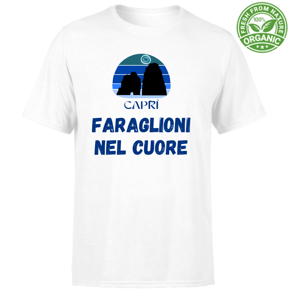 T-Shirt Unisex Organic FARAGLIONI DI CAPRI NEL CUORE SCRITTA BLUE