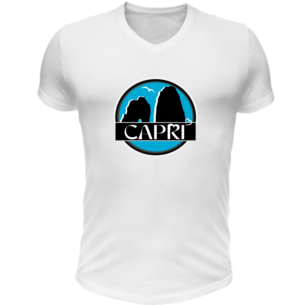 T-Shirt Unisex Scollo V CAPRI CERCHIO MAGICO CON  FARAGLIONI
