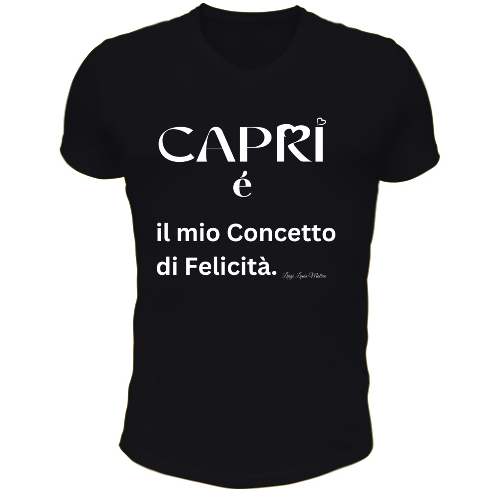 T-Shirt Unisex Scollo V Capri é il mio concetto di Felicità scritta Bian