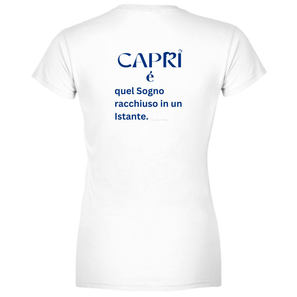 T-Shirt Donna Scollo V Capri Sogno racchiuso in un istante scritta Blue