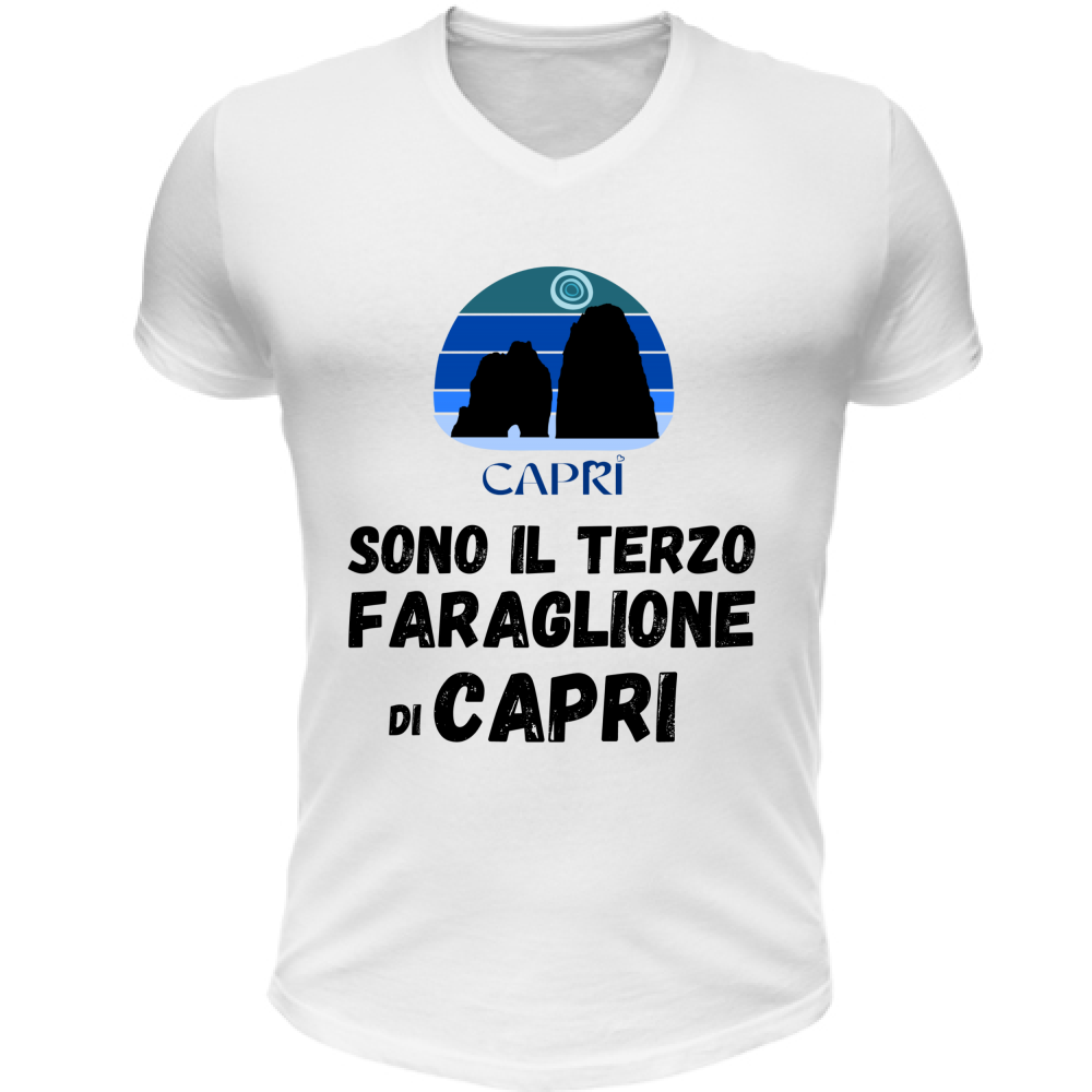 T-Shirt Unisex Scollo V SONO IL TERZO FARAGLIONE DI CAPRI SCRITTA NERA