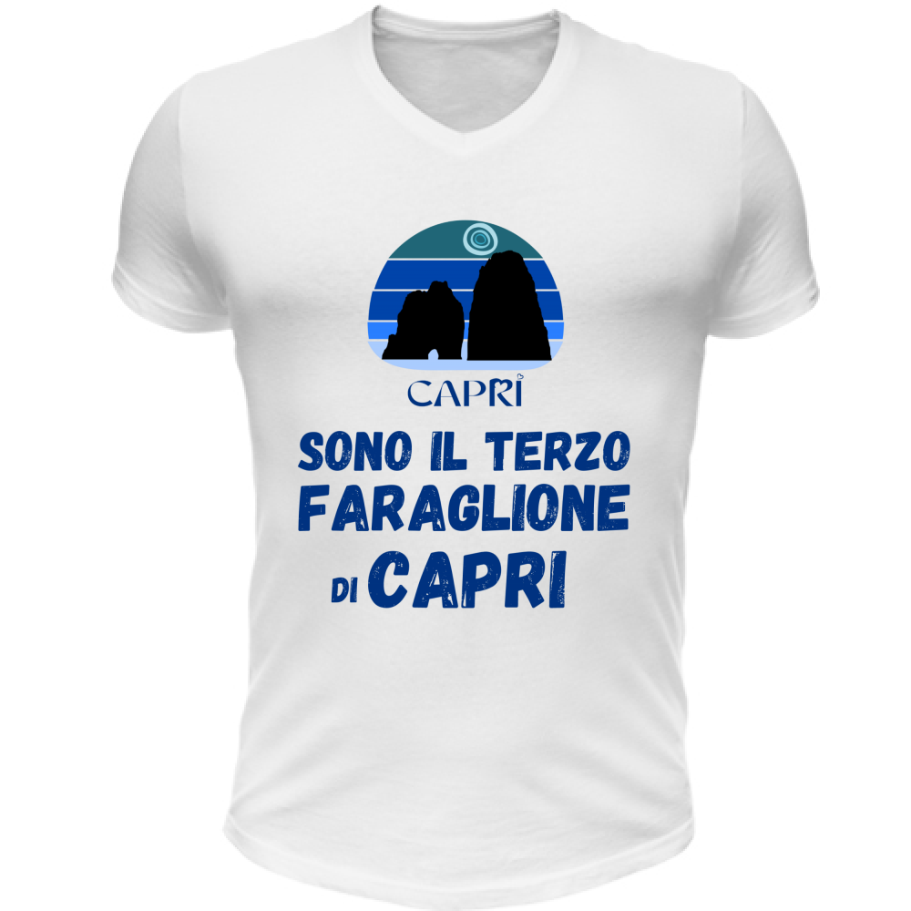 T-Shirt Unisex Scollo V SONO IL TERZO FARAGLIONE DI CAPRI SCRITTA BLU