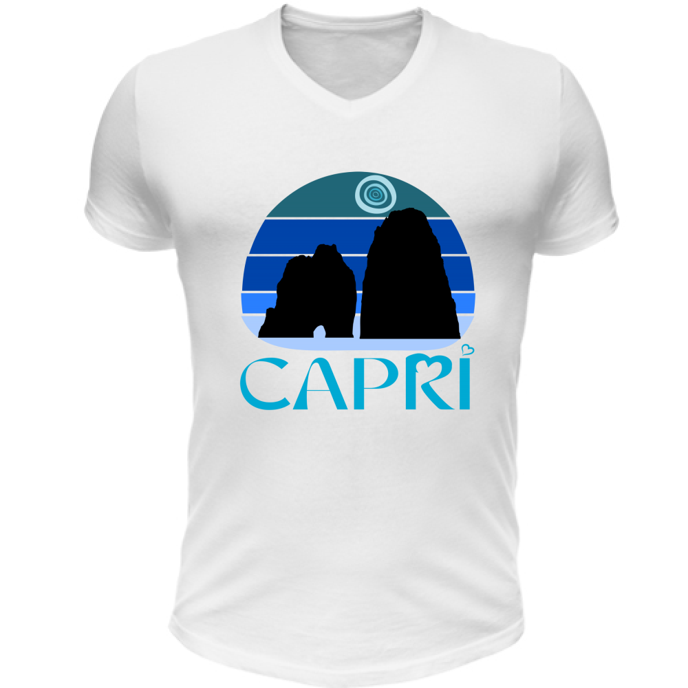 T-Shirt Unisex Scollo V CAPRI VINTAGE TRAMONTO AZZURRATO