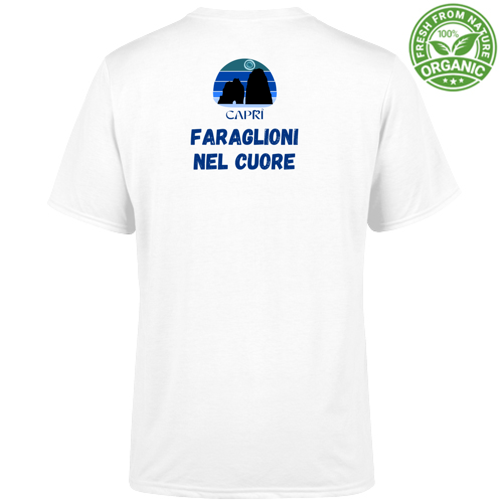T-Shirt Unisex Organic FARAGLIONI DI CAPRI NEL CUORE SCRITTA BLUE
