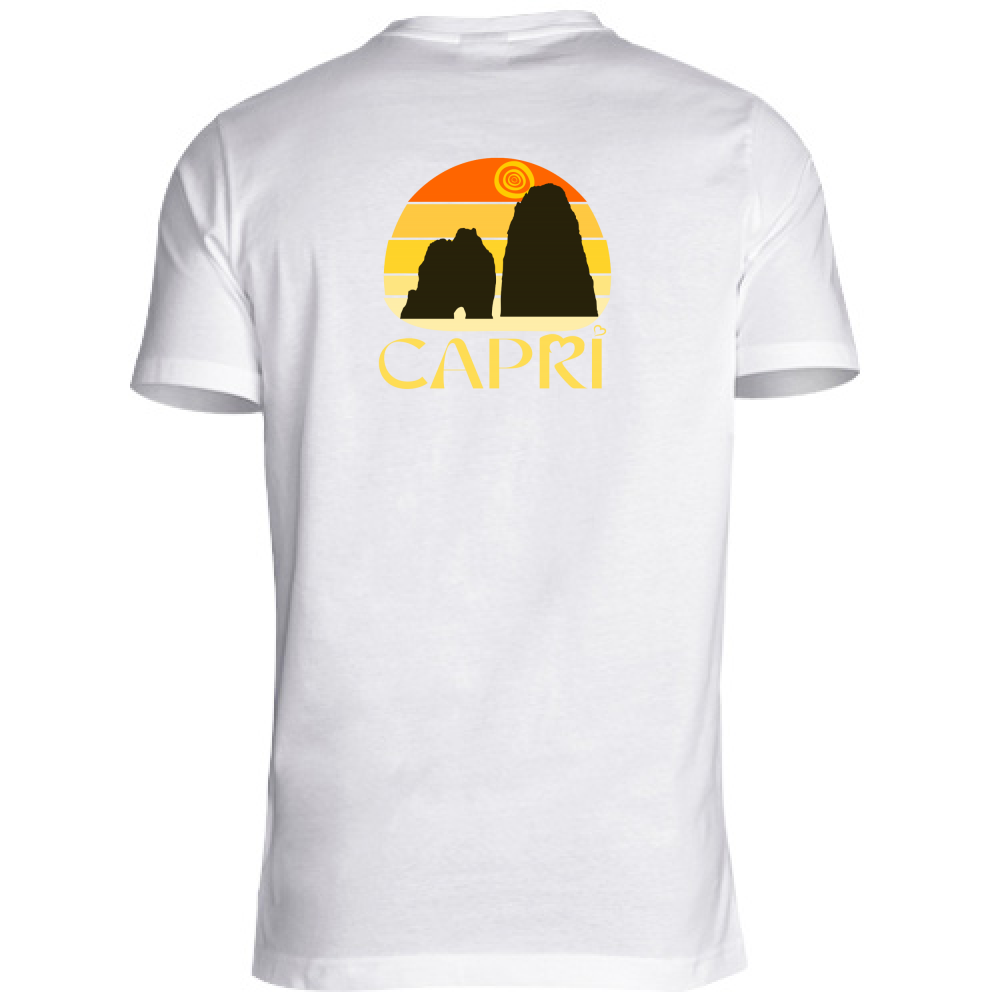 T-Shirt Unisex Scollo V CAPRI TRAMONTO VINTAGE SCRITTA GIALLO
