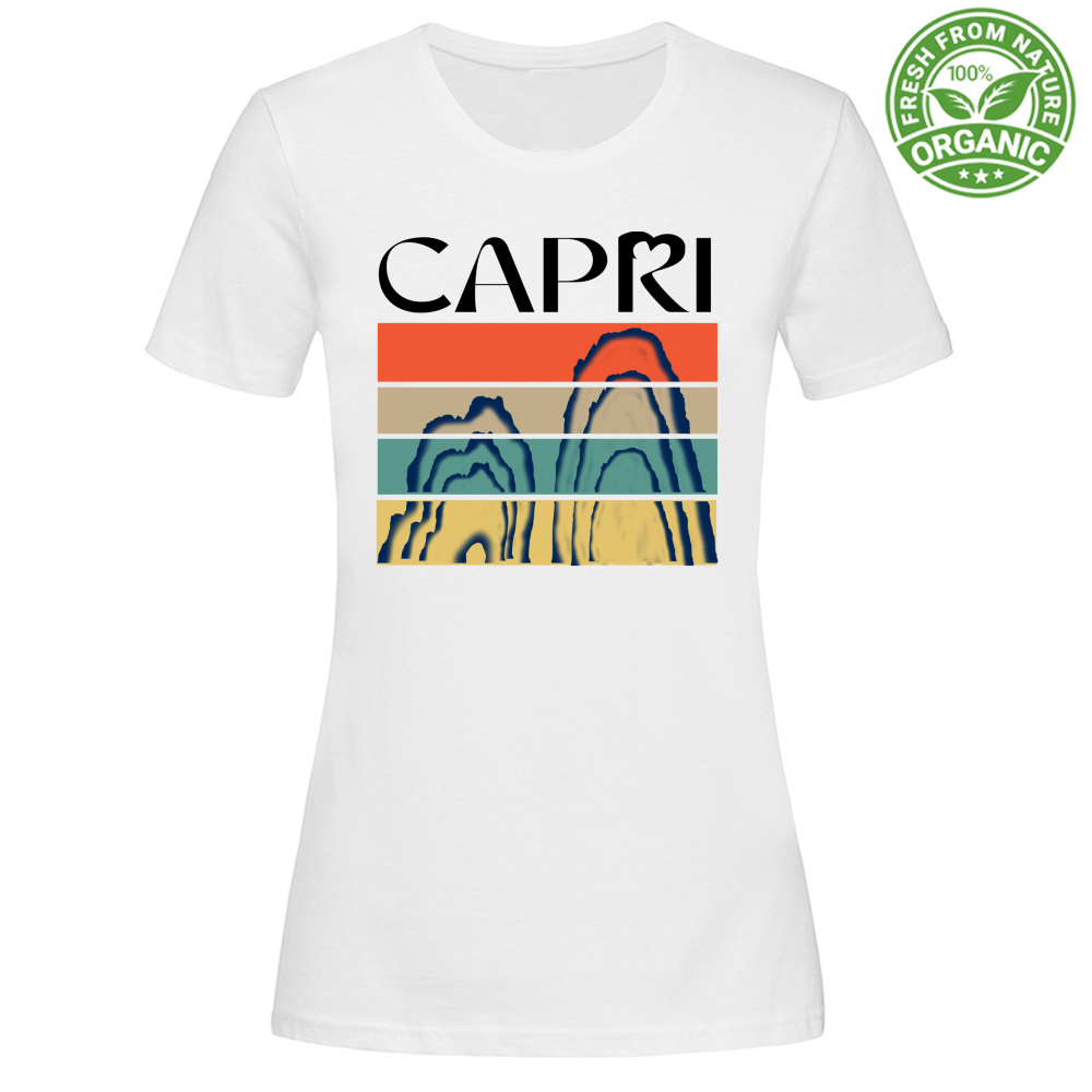 T-Shirt Woman Organic CAPRI PORZIONI FARAGLIONI SCRITTA NERA