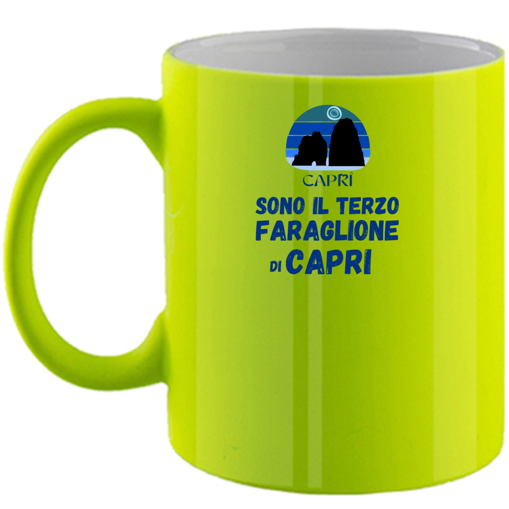 Fluo Mug I AM THE THIRD FARAGLIONE OF CAPRI BLUE WRITING