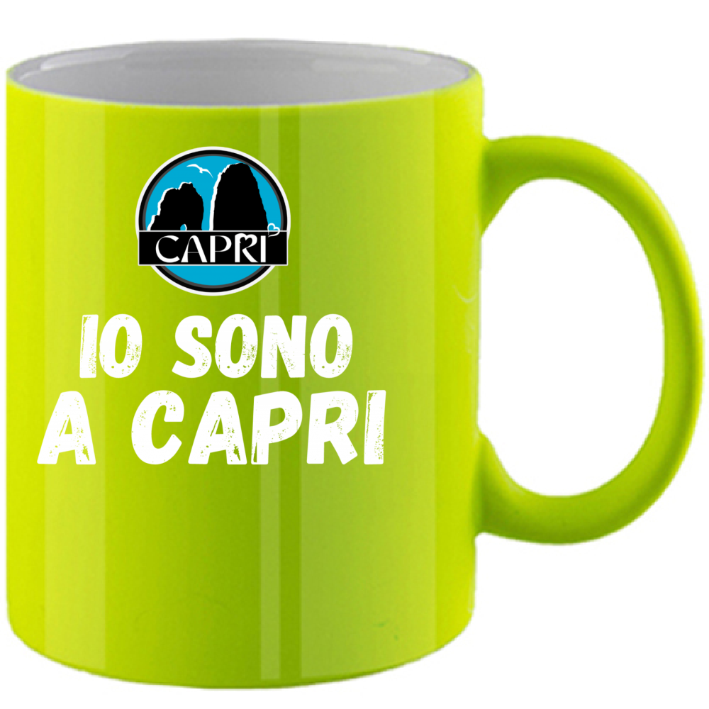 Fluorescent Mug I AM IN CAPRI WHITE WRITING