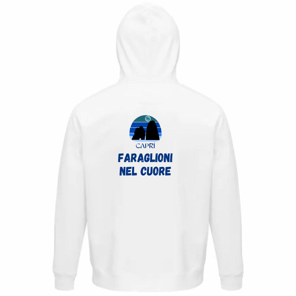 Felpa Organica Unisex Cappuccio FARAGLIONI DI CAPRI NEL CUORE SCRITTA BLUE