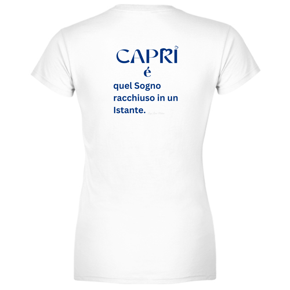 T-Shirt Woman Organic Capri Sogno racchiuso in un istante scritta Blue