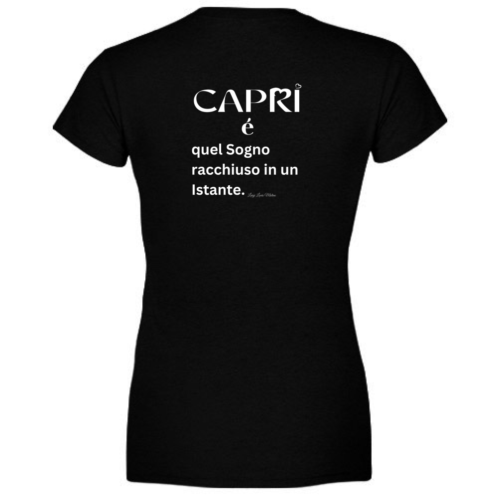 T-Shirt Donna Scollo V Capri Sogno racchiuso in un istante scritta bianca