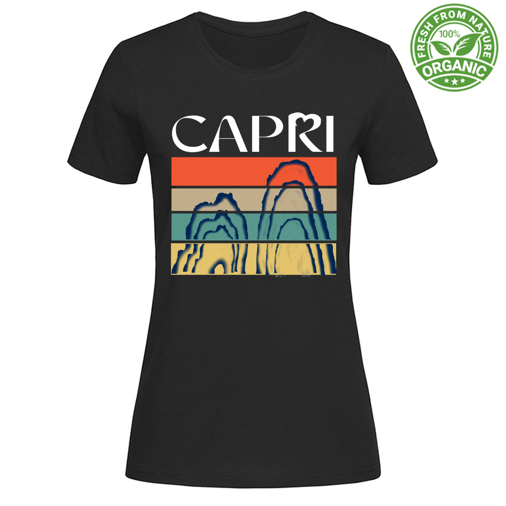 T-Shirt Woman Organic CAPRI PORZIONI FARAGLIONI SCRITTA BIANCA