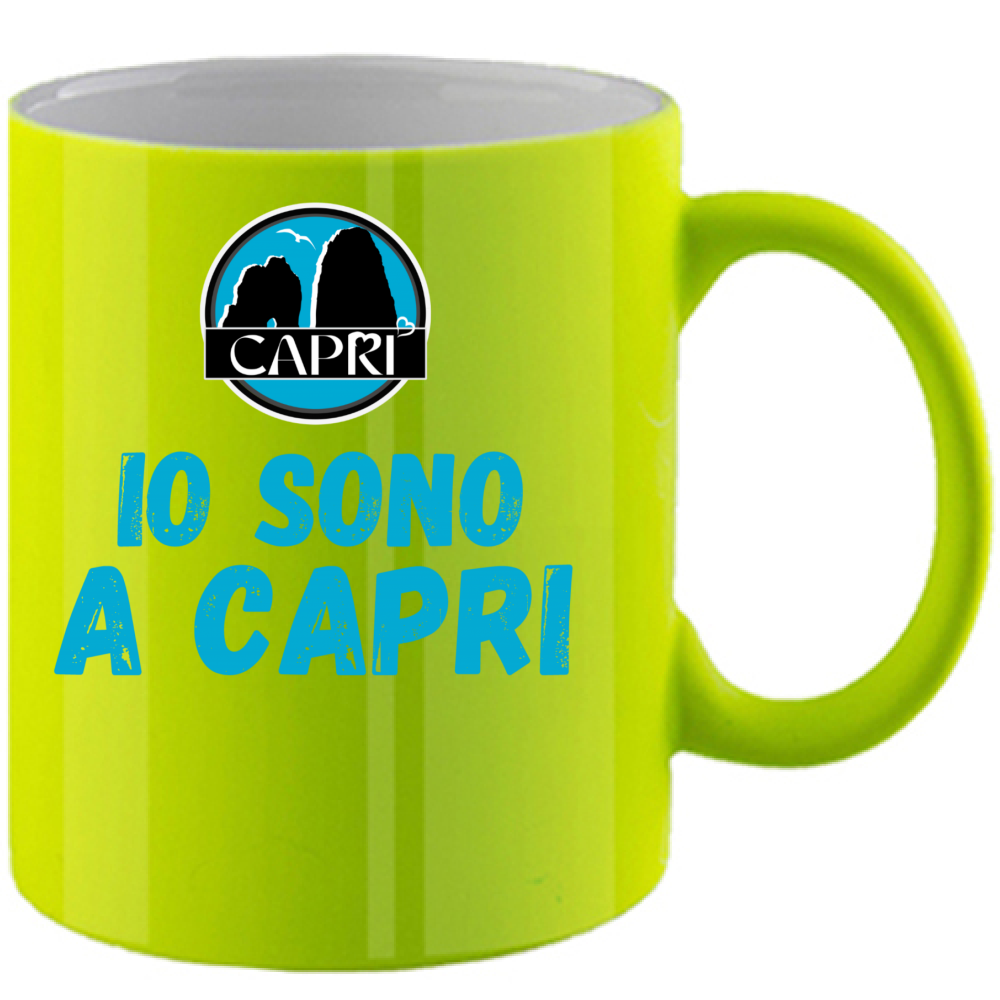 Fluorescent Mug I AM IN CAPRI BLUE WRITING