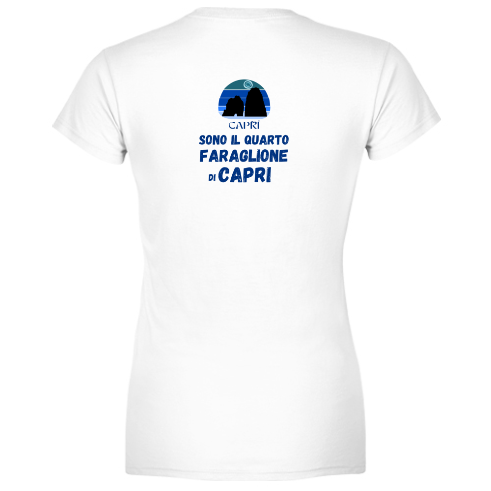 T-Shirt Donna Scollo V SONO IL QUARTO FARAGLIONE DI CAPRI SCRITTA BLUE