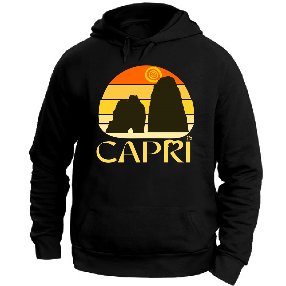 Felpa con Cappuccio Unisex Large CAPRI TRAMONTO VINTAGE SCRITTA GIALLO