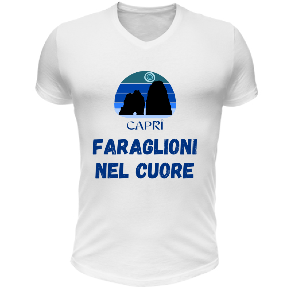 T-Shirt Unisex Scollo V FARAGLIONI DI CAPRI NEL CUORE SCRITTA BLUE