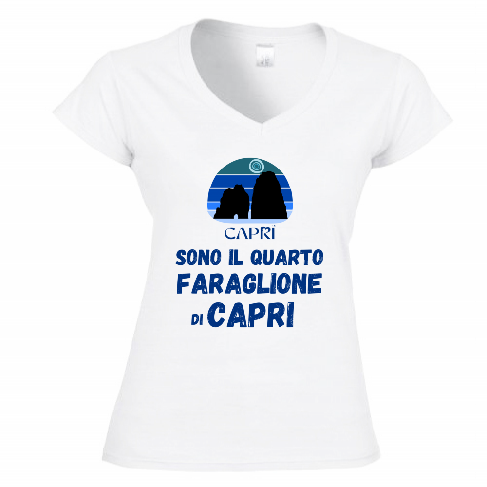 T-Shirt Donna Scollo V SONO IL QUARTO FARAGLIONE DI CAPRI SCRITTA BLUE