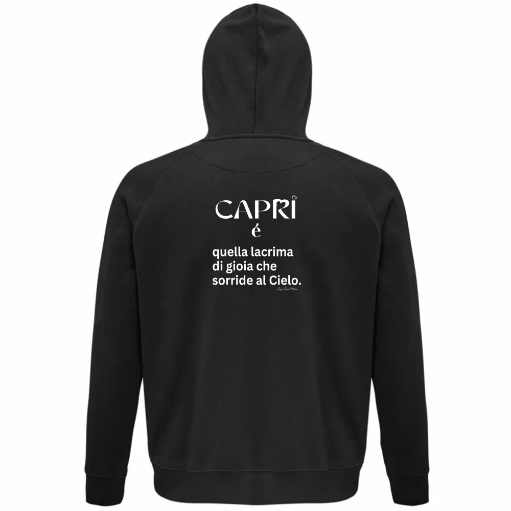Felpa Organica Unisex Cappuccio Capri é quella lacrima di gioia scritta bianca
