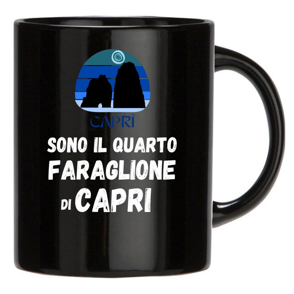 Black Mug I AM THE FOURTH FARAGLIONE OF CAPRI WHITE WRITING