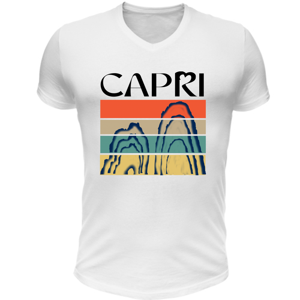 T-Shirt Unisex Scollo V CAPRI PORZIONI FARAGLIONI SCRITTA NERA