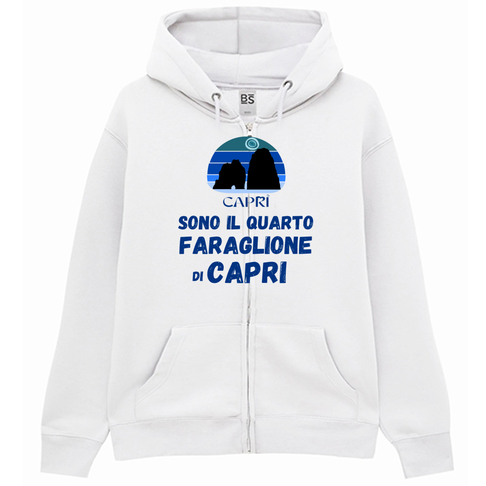 Felpa Premium Cappuccio Zip SONO IL QUARTO FARAGLIONE DI CAPRI SCRITTA BLUE