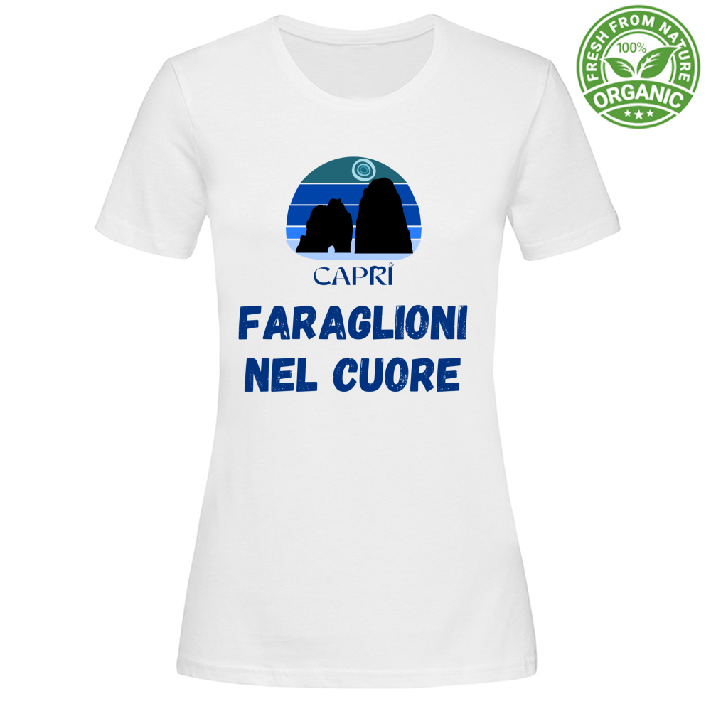 T-Shirt Woman Organic FARAGLIONI DI CAPRI NEL CUORE SCRITTA BLUE