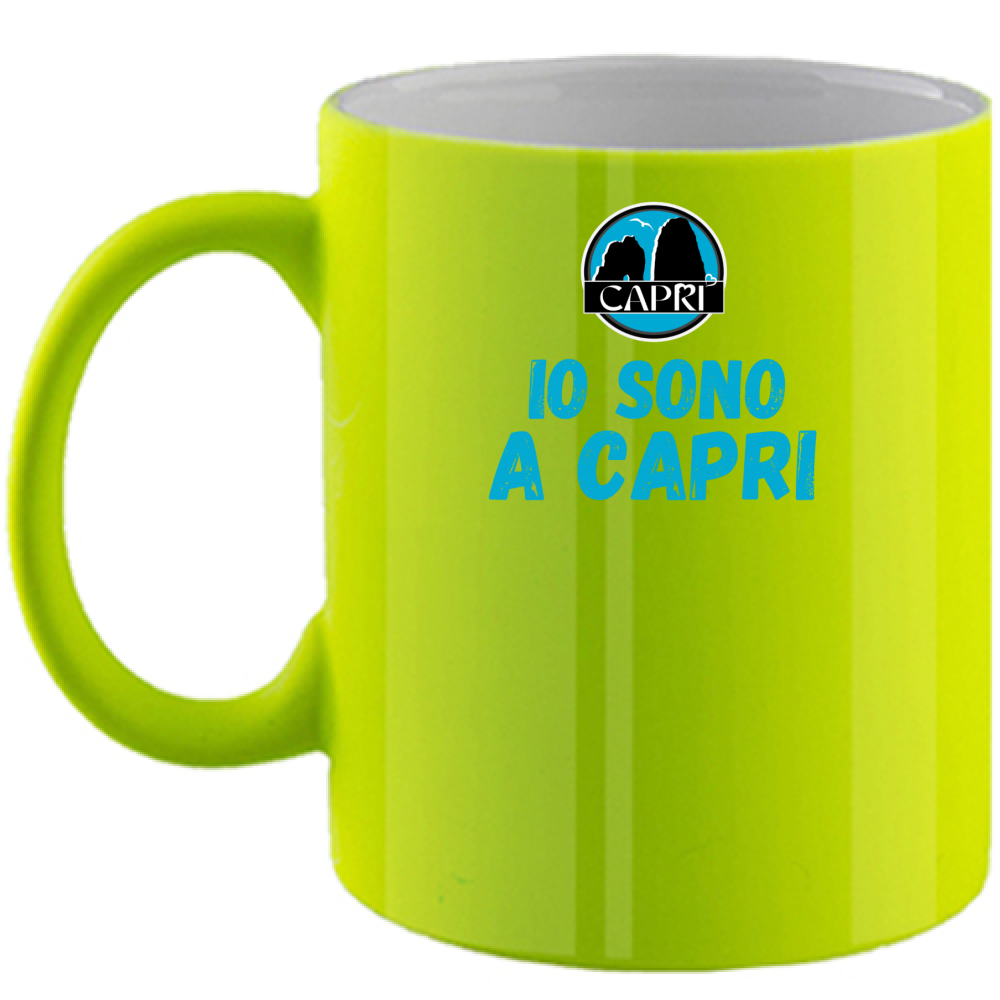 Fluorescent Mug I AM IN CAPRI BLUE WRITING