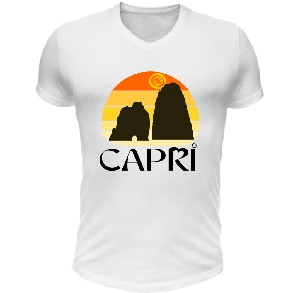 T-Shirt Unisex Scollo V CAPRI TRAMONTO VINTAGE SCRITTA NERA