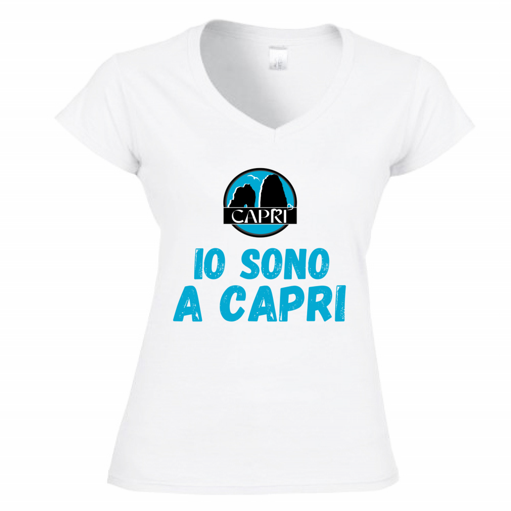 T-Shirt Donna Scollo V IO SONO A CAPRI SCRITTA AZZURRA