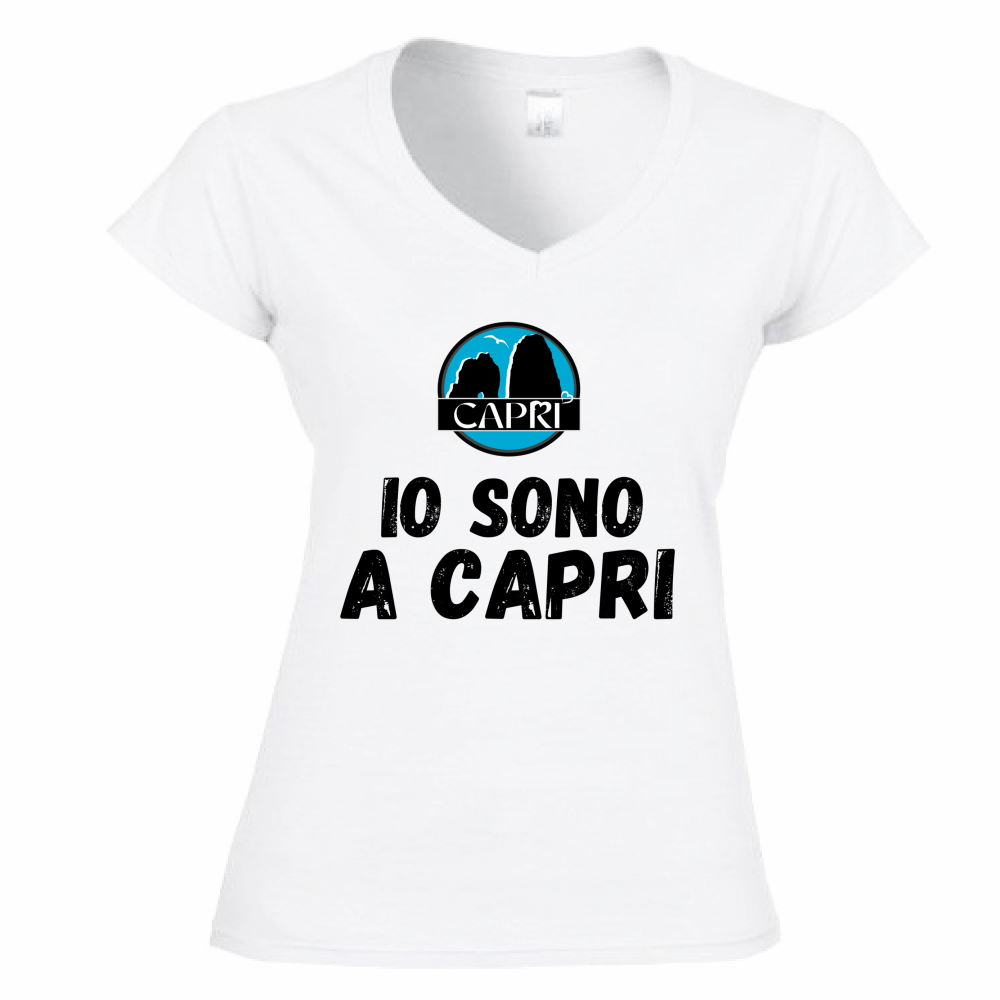 T-Shirt Donna Scollo V IO SONO A CAPRI SCRITTA NERA