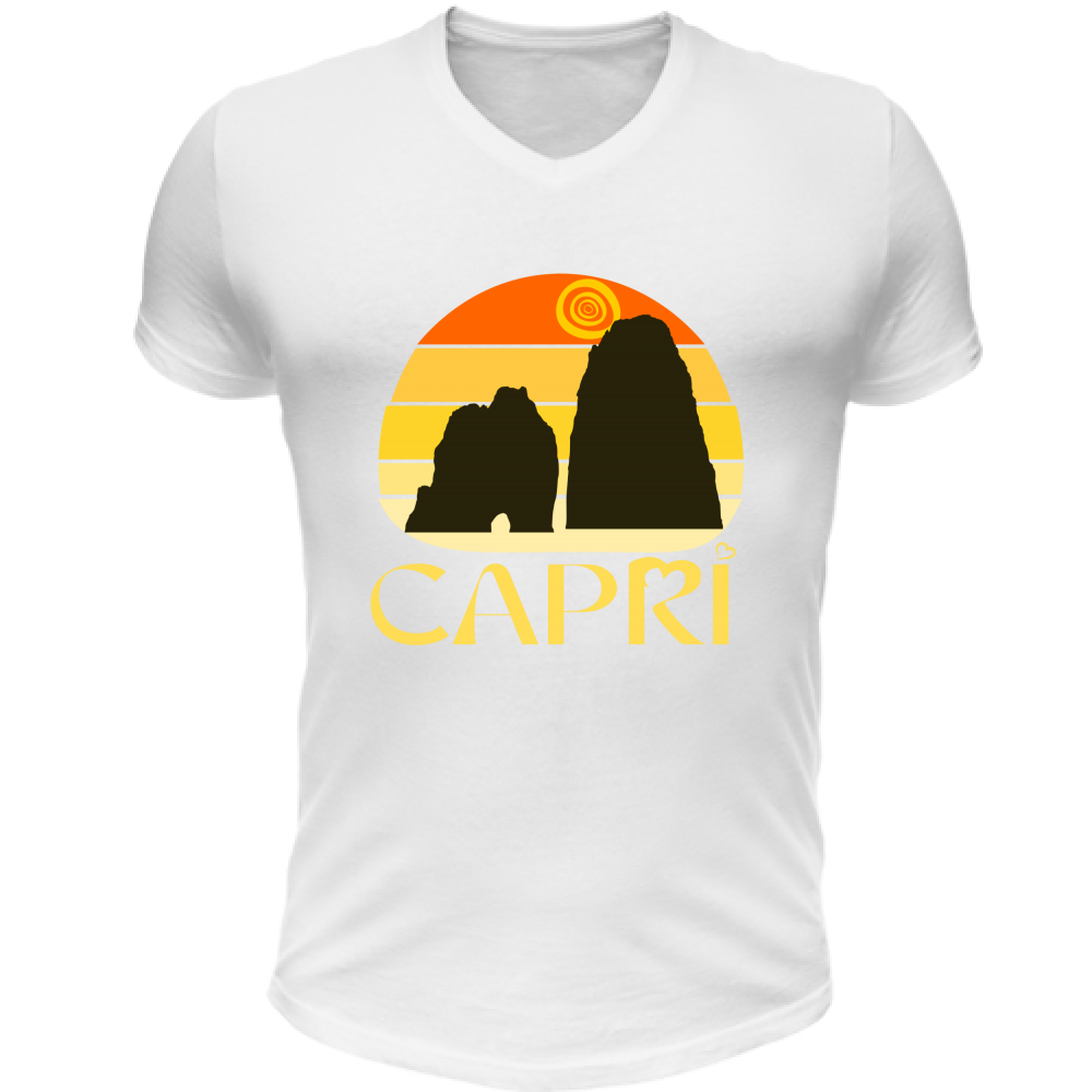 T-Shirt Unisex Scollo V CAPRI TRAMONTO VINTAGE SCRITTA GIALLO