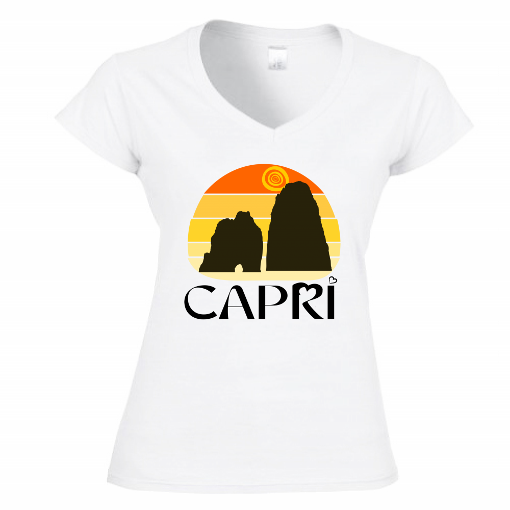 Women's T-Shirt V-Neck CAPRI SUNSET VINTAGE BLACK WRITING