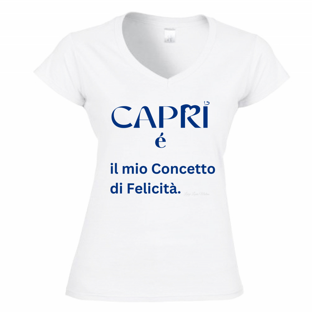 T-Shirt Donna Scollo V Capri é il mio concetto di Felicità scritta Blue
