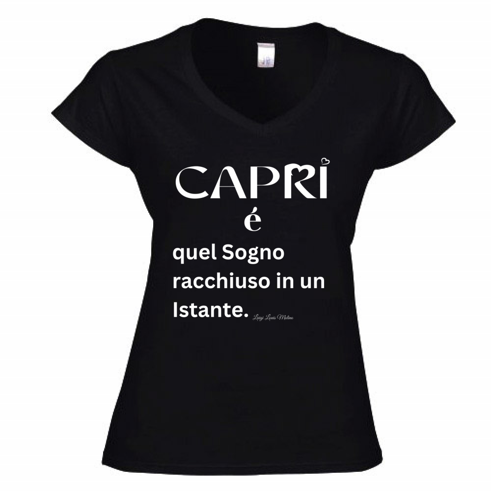 T-Shirt Donna Scollo V Capri Sogno racchiuso in un istante scritta bianca