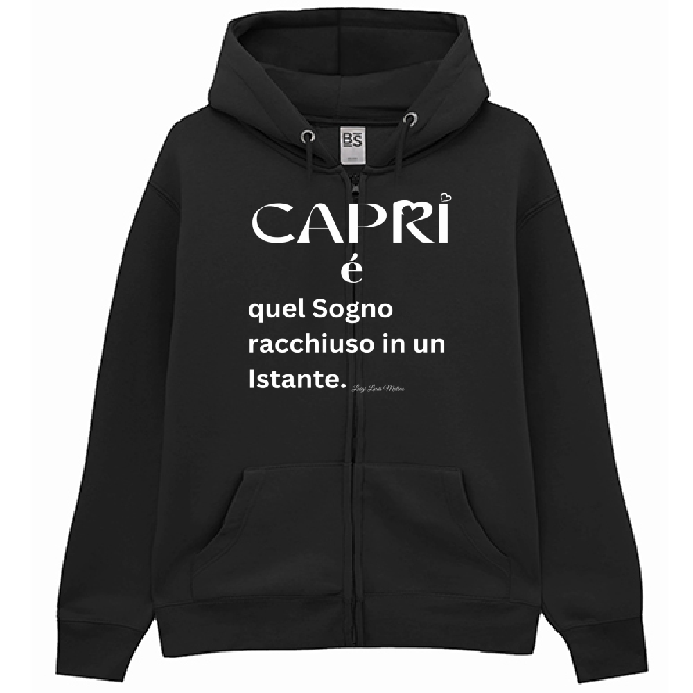 Felpa Premium Cappuccio Zip Capri Sogno racchiuso in un istante scritta bianca