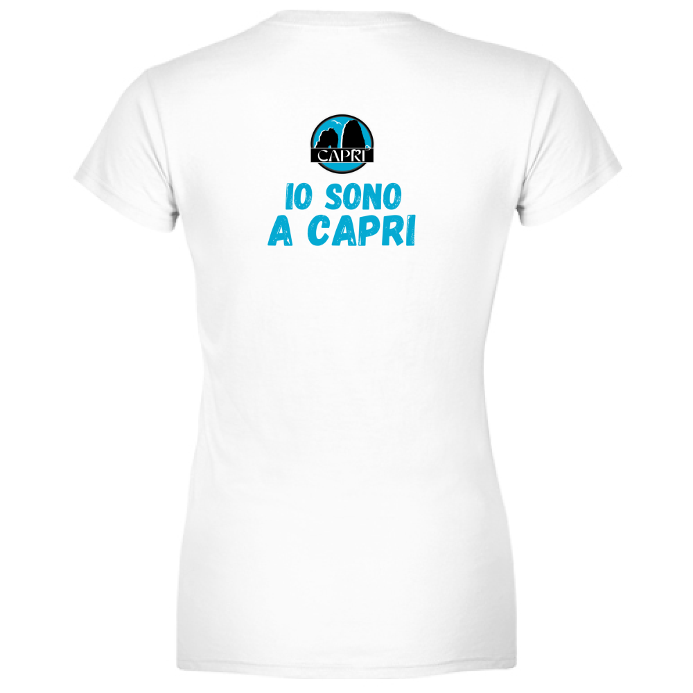 T-Shirt Donna Scollo V IO SONO A CAPRI SCRITTA AZZURRA