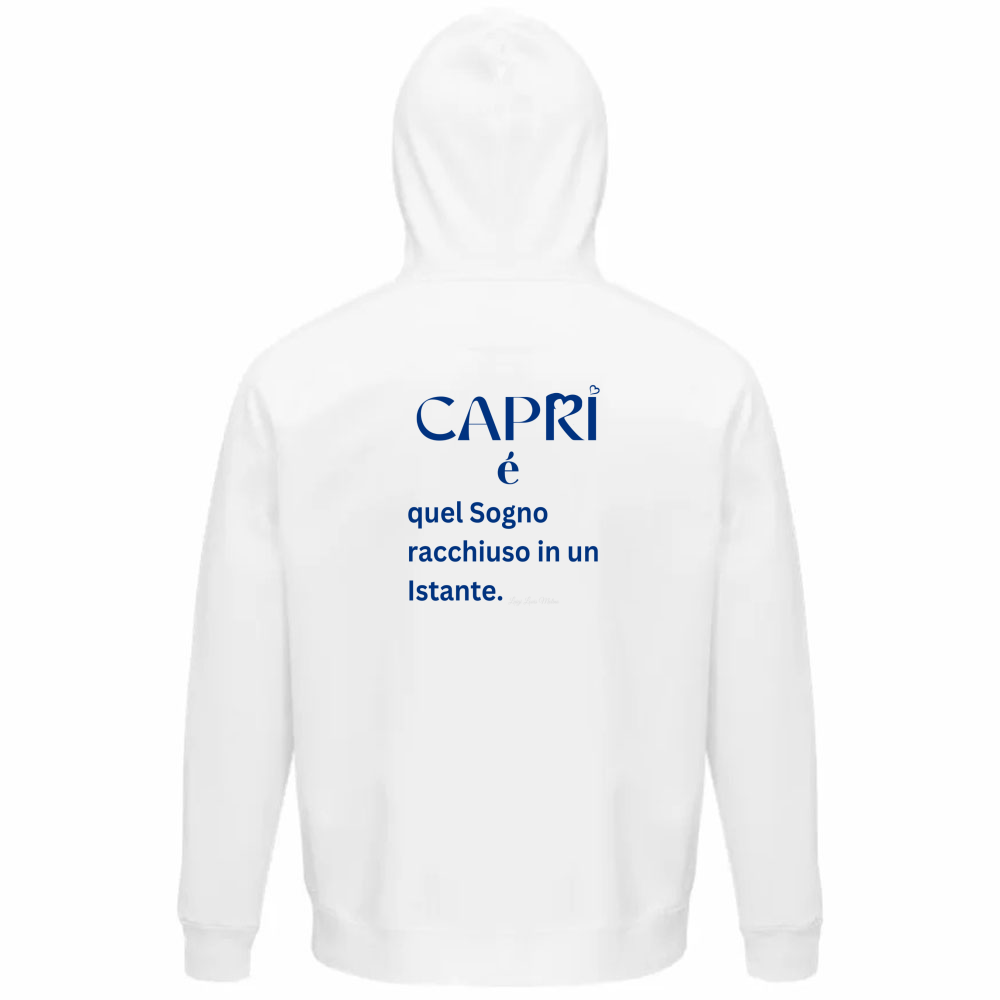 Felpa Organica Unisex Cappuccio Capri Sogno racchiuso in un istante scritta Blue