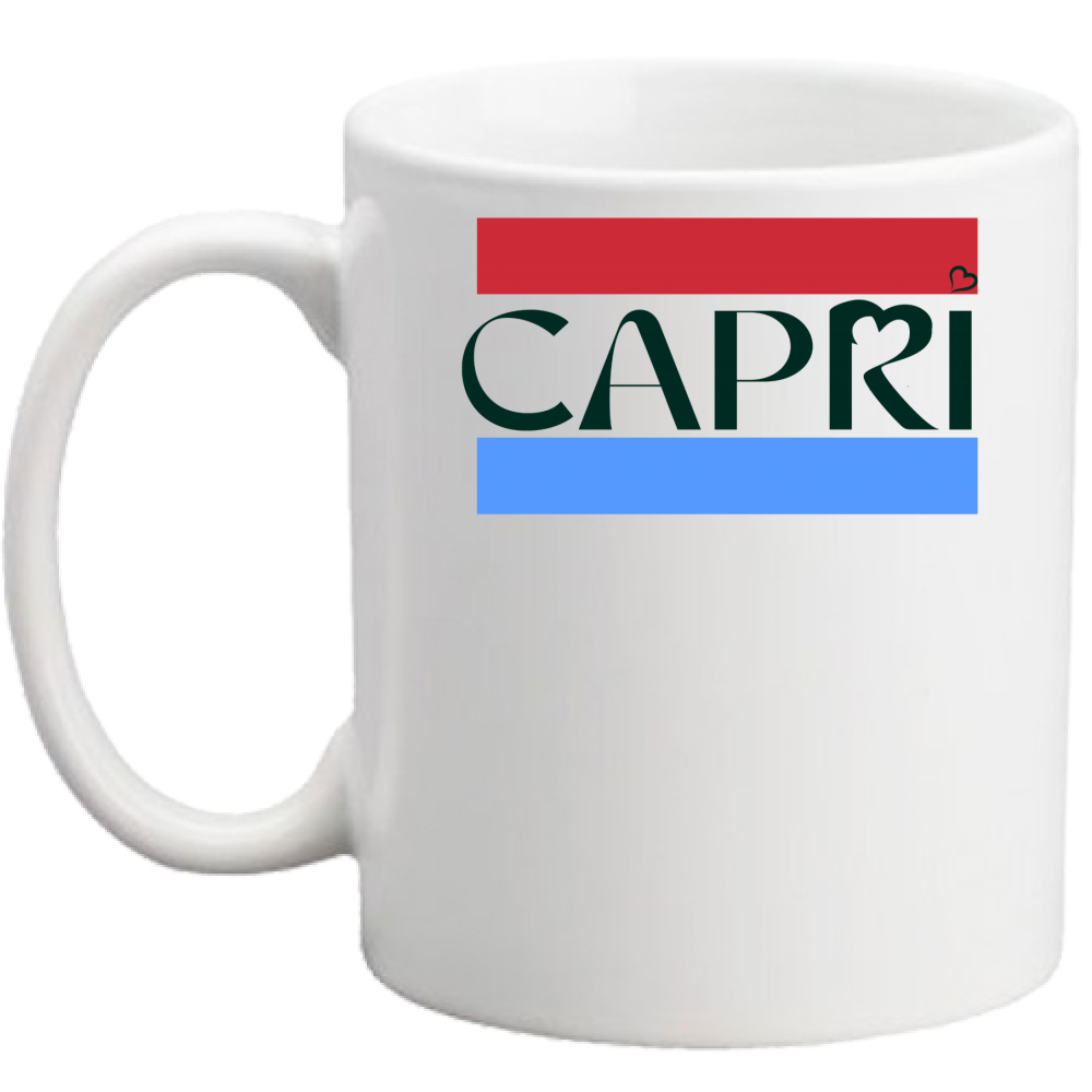 CAPRI Mug RED BAND BLUE BLACK WRITING