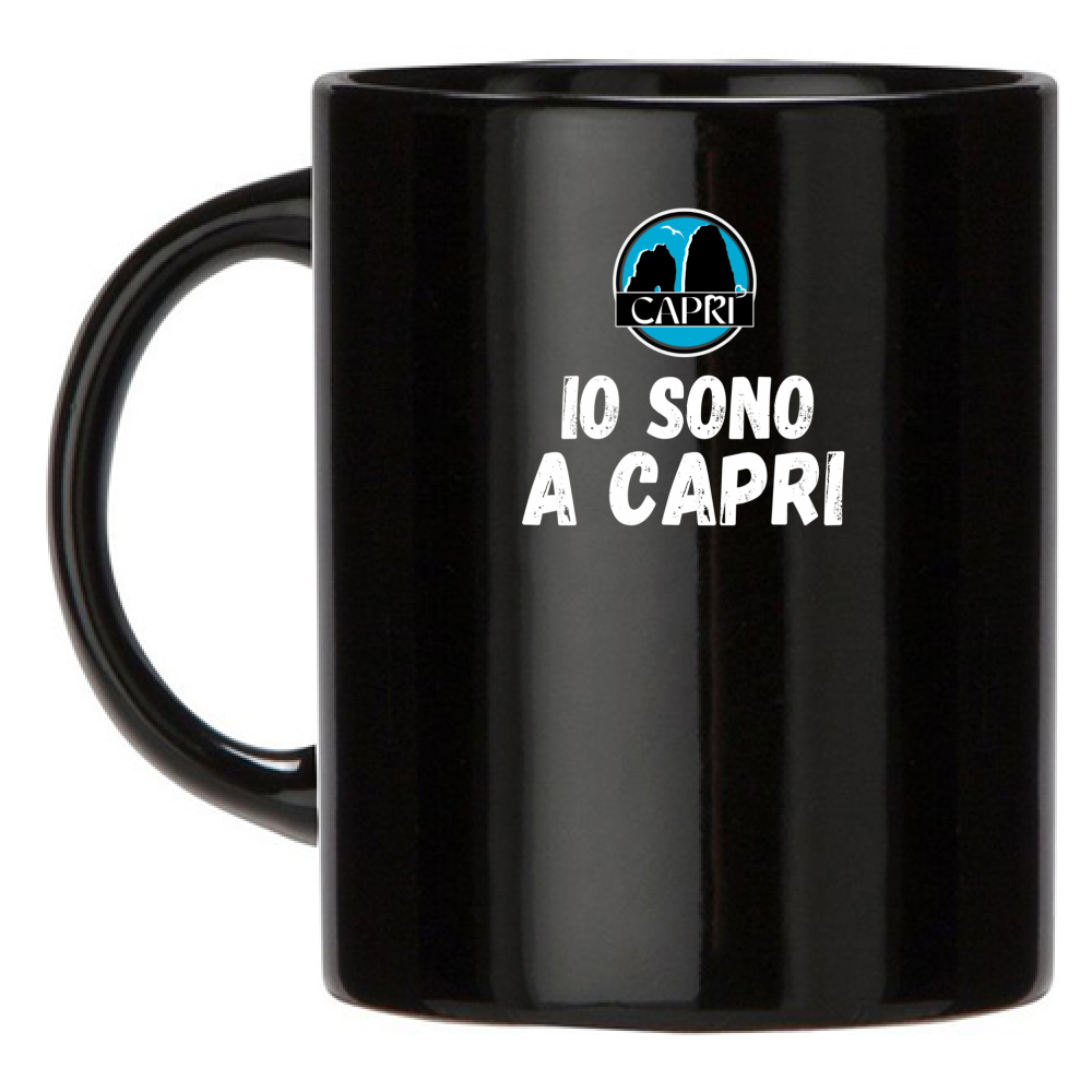 Black Mug I AM IN CAPRI WHITE WRITING