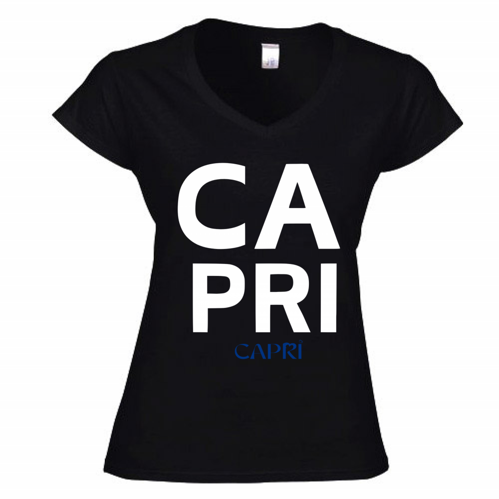 T-Shirt Donna Scollo V CAPRI DESIGN SCRITTA BIANCA