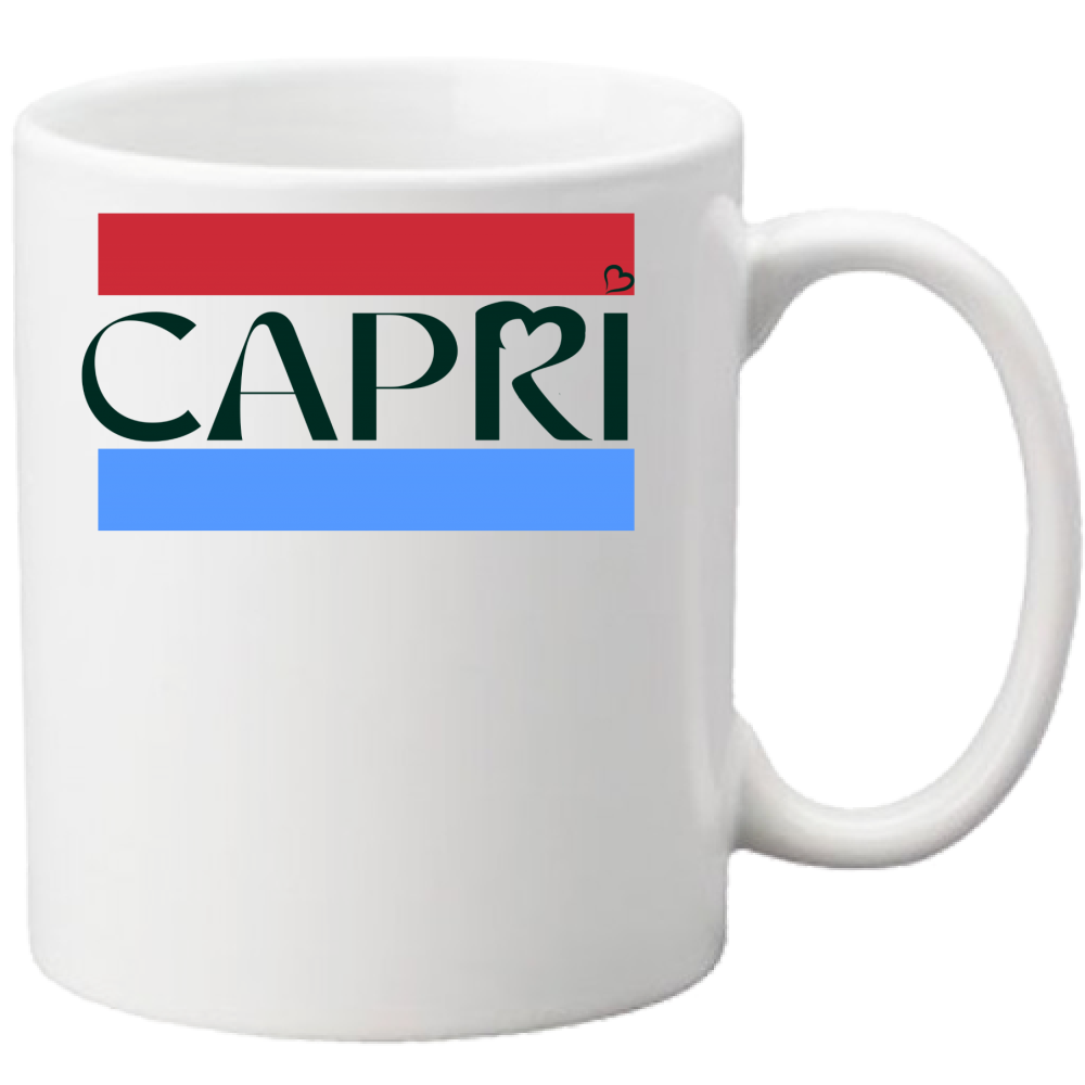 CAPRI Mug RED BAND BLUE BLACK WRITING